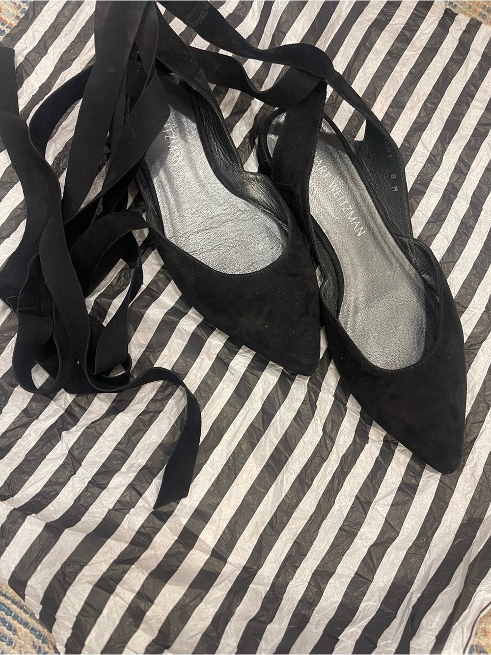 Stuart Weitzman Black Suede Pointed Tie-Back Flats with Ankle Ribbons